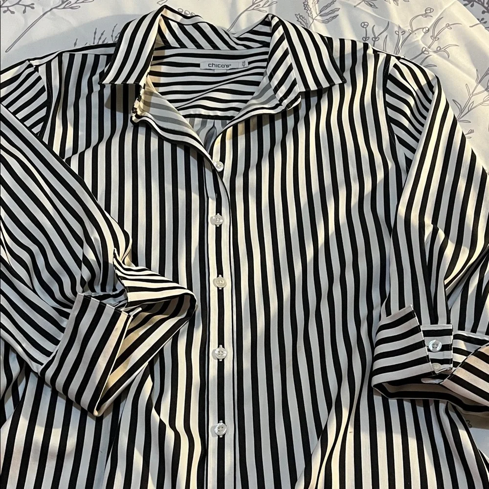 Chico's Black Blouse with Gold Dots and White Blouse with Black Stripes - Picture 8 of 11